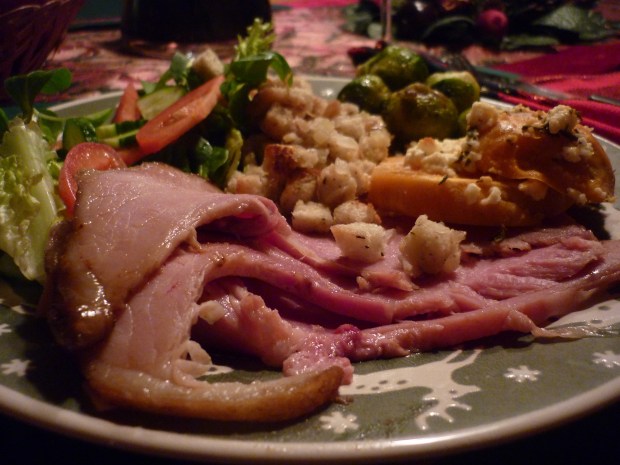No blog post about Christmas dinner is complete without a food photo. Feast your eyes on rich brown sugar ham, fibrous yet delicate sweet potatoes, herbed brussels sprouts and a token salad.