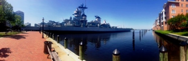 The USS Wisconsin off Norfolk's waterfront